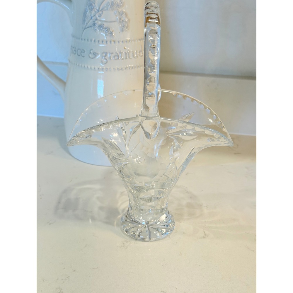 Vintage Clear Cut Glass Basket Frosted Rose Floral Design Scalloped Rim 10 Inch
